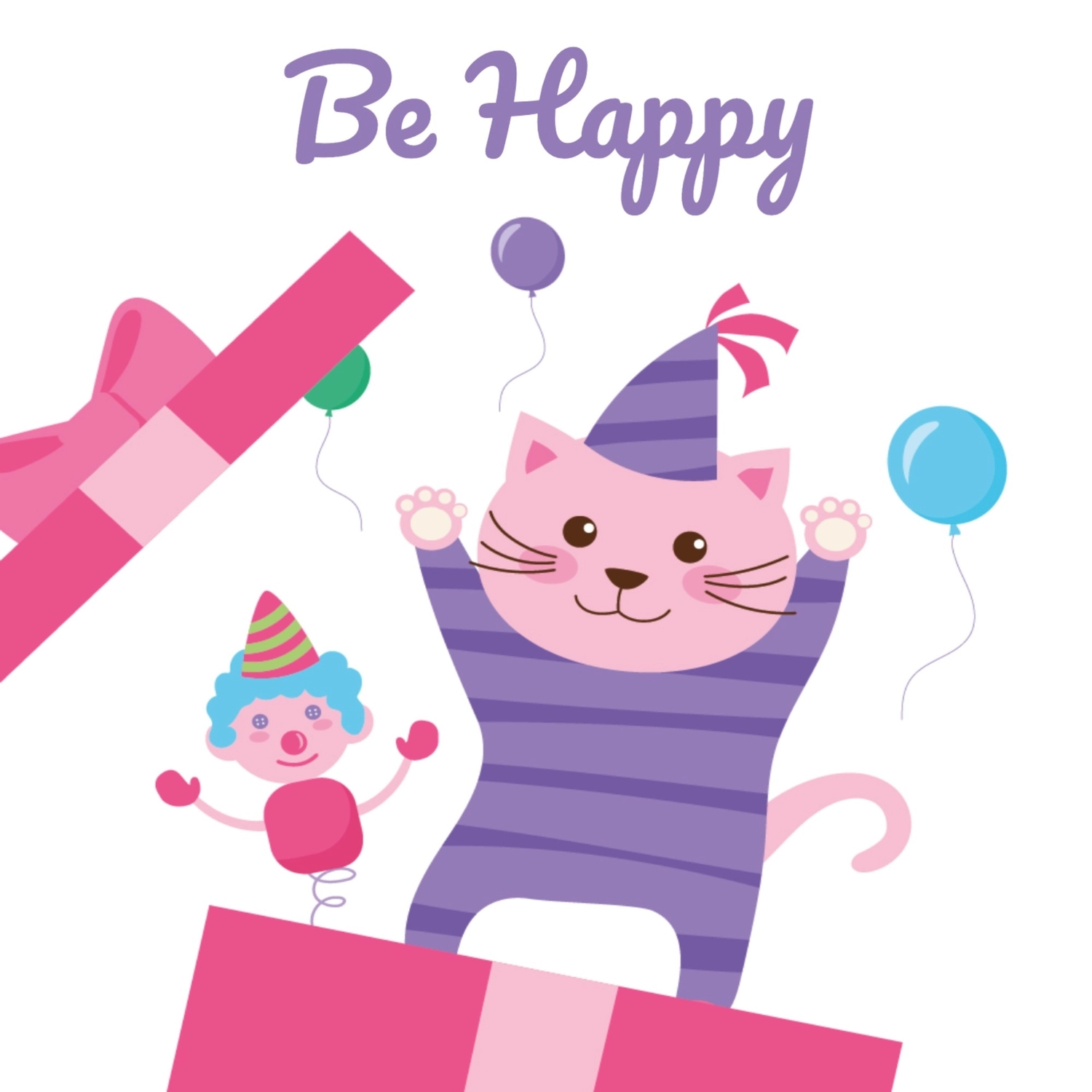 誕生日カード　プレゼントボックスからネコ, びっくり箱, 風船, 幸せになる, 誕生日カードテンプレート