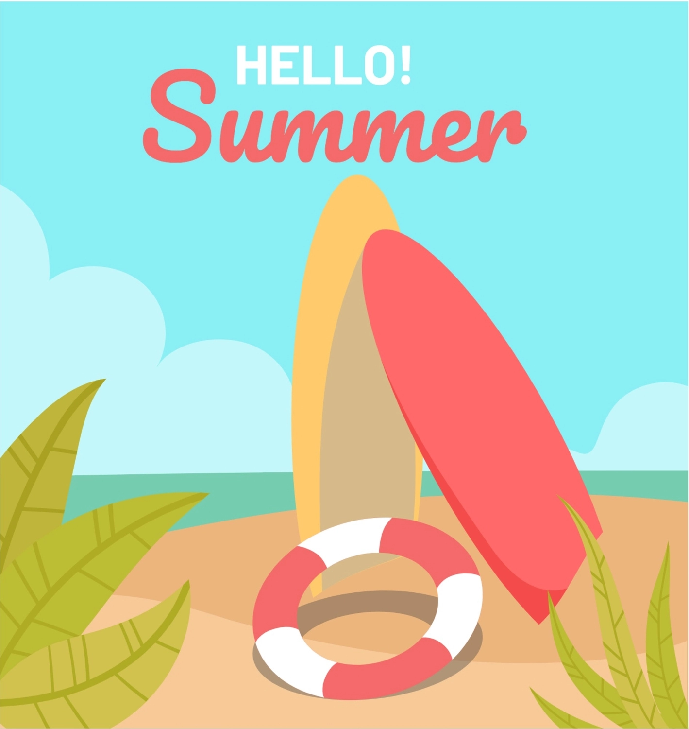 夏のグリーティングカード　サーフボードと浮き輪, サーフィン, 作成, デザイン, メッセージカードテンプレート