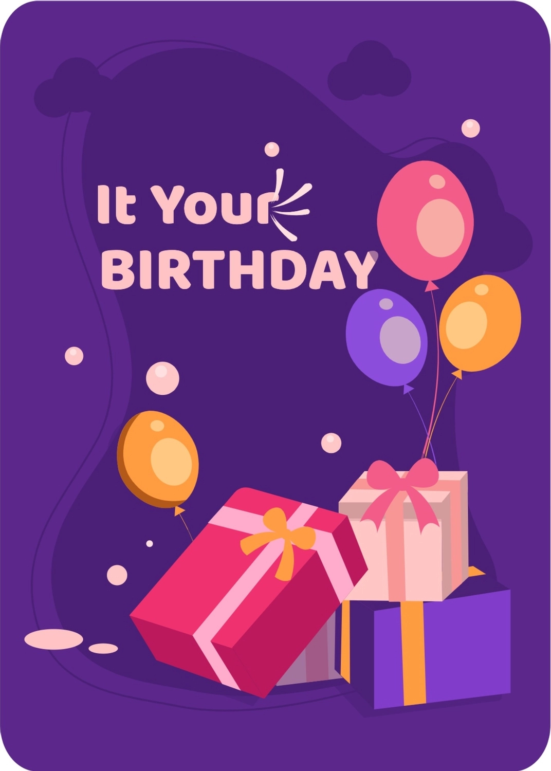 誕生日プレゼントと風船, 紫の, 誕生日, お祝い, 誕生日カードテンプレート