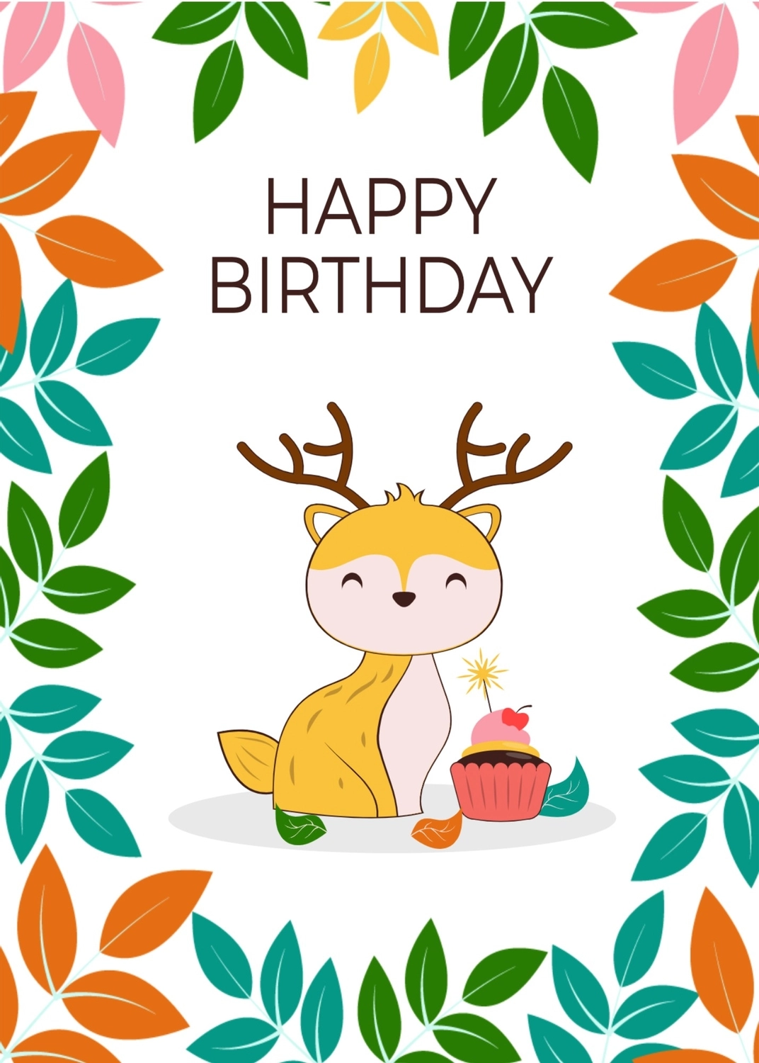 鹿と誕生日ケーキ, 鹿, 誕生日, カップケーキ, 誕生日カードテンプレート