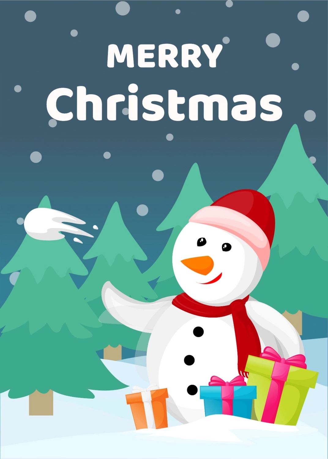 クリスマス　グリーティングカード　雪だるま, プレゼント, クリスマスカード, 縦, メッセージカードテンプレート