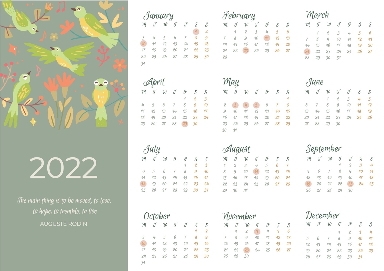 2022年小鳥, 2022, 2022, calendar, Calendar template