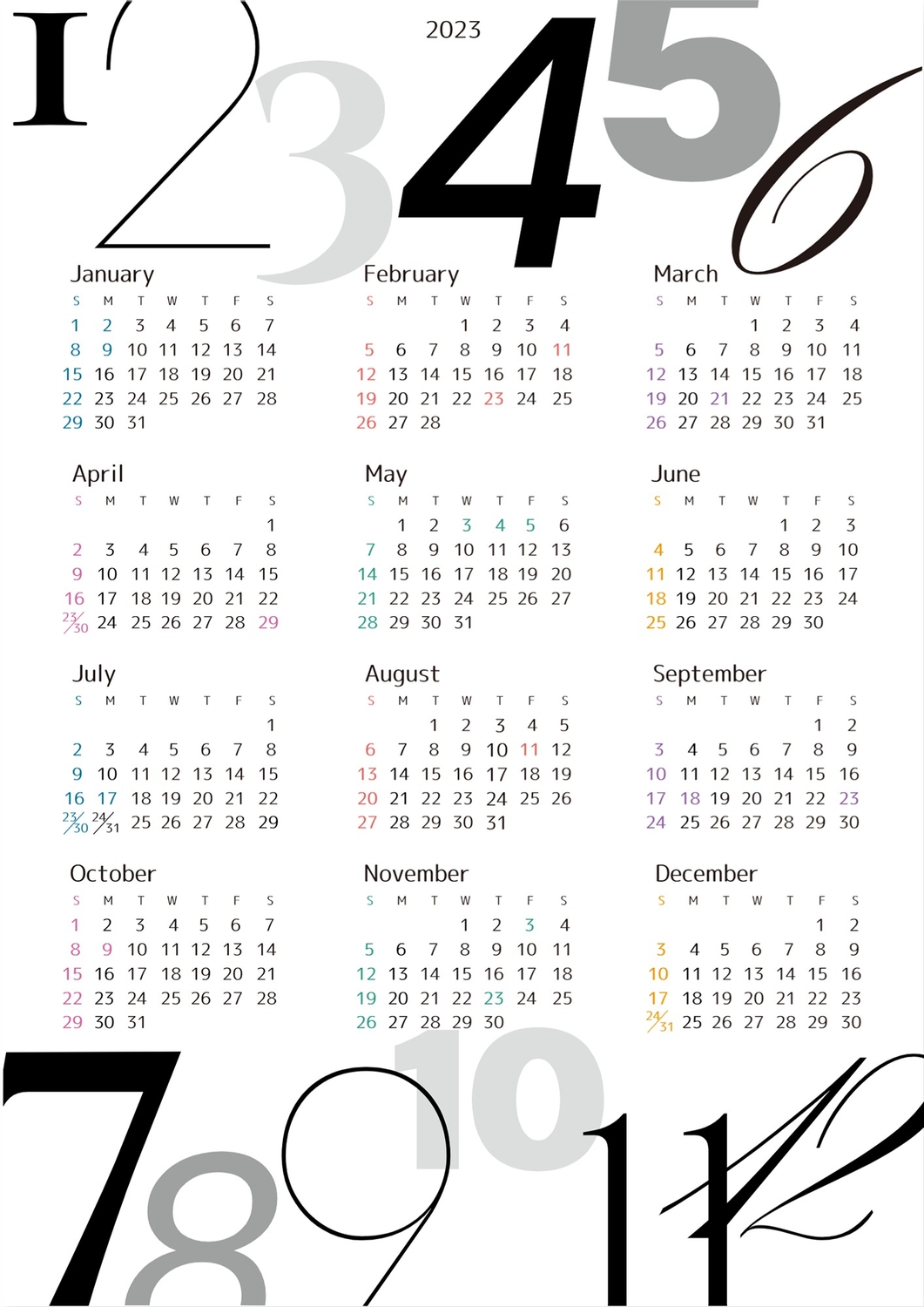 数字イラストの23年間カレンダーの無料カレンダーテンプレート 108 デザインac