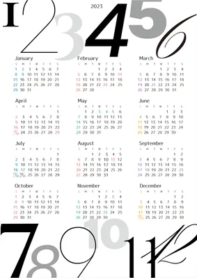数字イラストの2023年間カレンダー, 縦, シンプル, 番号, カレンダーテンプレート