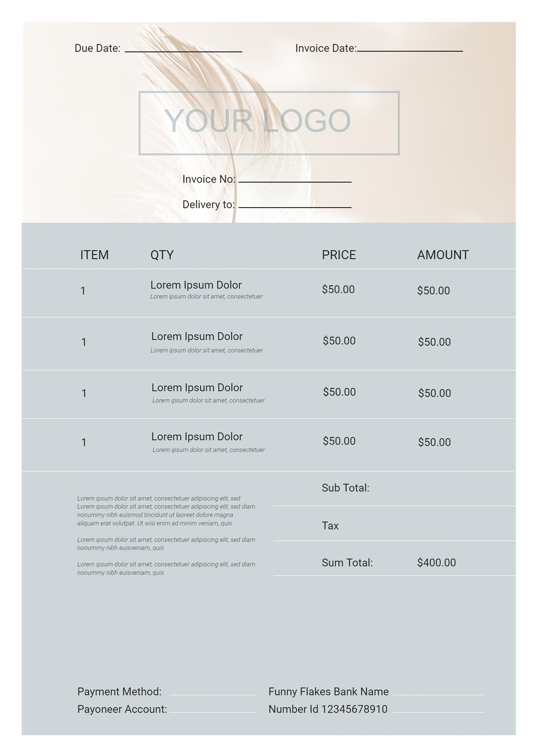 灰色と羽背景の納品書の無料Xヘッダーテンプレート 4180 - デザインAC, image size:1060x1500